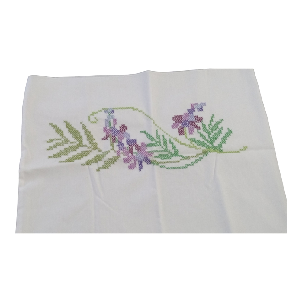 Hand Embroidery Cross Stitch Pillowcase Floral Purple Green Vintage